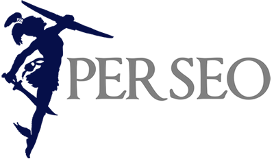 Logo con la sílueta de Perseo de color azul a la izquierda y las letras grises a la derecha